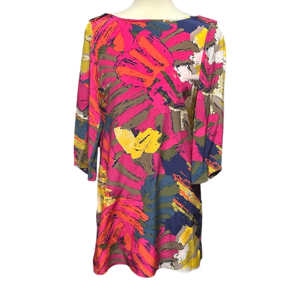 Tibi 100% Silk Colorful Abstract Shift Dress 6 Gold Snaps 3/4 Sleeves Lined